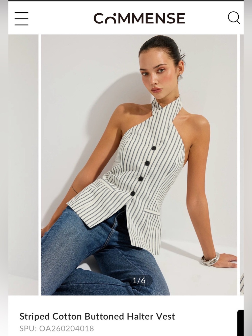 COMMENSE White and Black Striped Halter Button-Front Vest